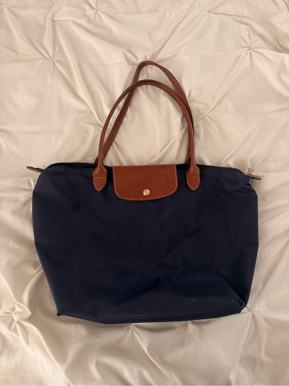 Longchamp Navy Tote with Brown Leather Trim